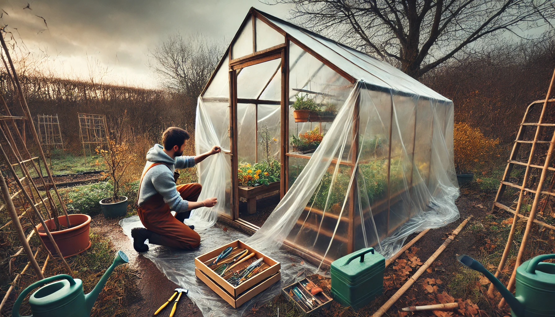 DALL·E_2024-10-25_00.50.01_-_A_gardener_is_inspecting_a_greenhouse_and_replacing_the_plastic_film_before_winter._The_scene_shows_the_gardener_working_around_the_greenhouse,_ensuri.png